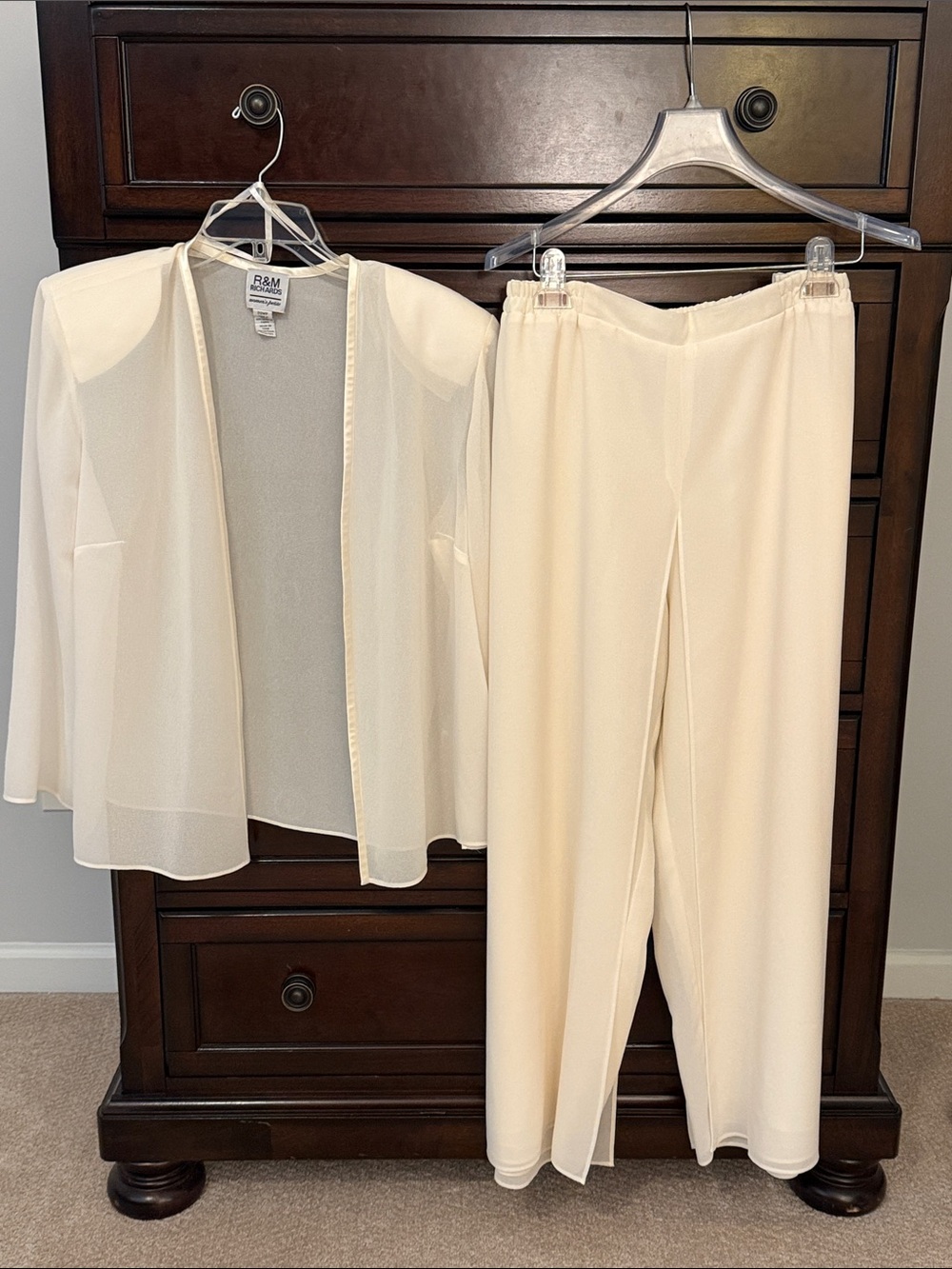 R&M Richards Cream Sheer Open Jacket with Cape Overlays Wide-Leg Pants